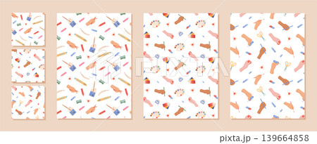 Cartoon painter tool pattern with playful art palette and brush on white background seamless. Painter hand with pencil and paint kit create childish craft mood. Seamless stationery layout suits Cartoon painter tool pattern with playful art palette and brush on white background seamless. Painter hand with pencil and paint kit create childish craft mood. Seamless stationery layout suits 139664858