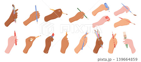 Cartoon painter hand set with pencil and brush in bright color style. Diverse artist fingers hold pen, crayon and marker as playful art tool collection. Creative equipment for school class, children Cartoon painter hand set with pencil and brush in bright color style. Diverse artist fingers hold pen, crayon and marker as playful art tool collection. Creative equipment for school class, children 139664859