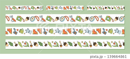 Seamless camp equipment doodle sketch set in bright color style pattern. Outdoor adventure border with map, compass and backpack as hiking or travel concept. Colorful and hand drawn, perfect for Seamless camp equipment doodle sketch set in bright color style pattern. Outdoor adventure border with map, compass and backpack as hiking or travel concept. Colorful and hand drawn, perfect for 139664861