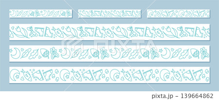 Seamless camp border in doodle sketch style forms the main motif pattern set. This set highlights nature adventure and hiking with outdoor forest and expedition outline for creative projects in blue 139664862