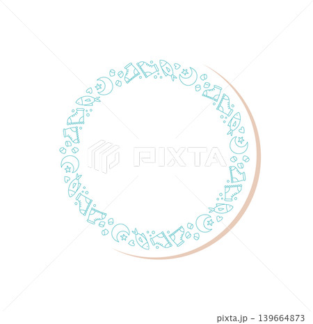 Round sticker frame with camp and mountain sketch in doodle style. Forest, tent and outdoor adventure elements combine with backpack hiking motif for a playful travel themed outline. Round sticker frame with camp and mountain sketch in doodle style. Forest, tent and outdoor adventure elements combine with backpack hiking motif for a playful travel themed outline. 139664873