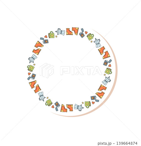 Round sticker frame with doodle outdoor backpack, camp, and equipment in color. Mountain and hiking adventure theme, travel element for colorful summer or trip style accent. 139664874