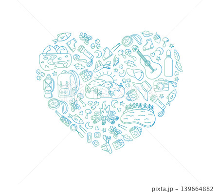 Heart shape nature adventure camping and hiking sketched in line style. Outdoor camp and mountain doodle design create graphic symbol. Blue green accent, travel trekking concept art. Heart shape nature adventure camping and hiking sketched in line style. Outdoor camp and mountain doodle design create graphic symbol. Blue green accent, travel trekking concept art. 139664882