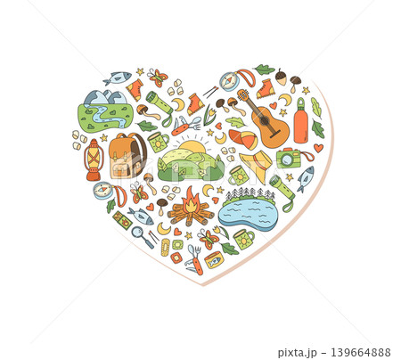 Heart shape camp adventure doodle sticker in color. Nature, hiking and mountain display as colorful campfire, lake and backpack for banner or heart shape outdoor theme. Heart shape camp adventure doodle sticker in color. Nature, hiking and mountain display as colorful campfire, lake and backpack for banner or heart shape outdoor theme. 139664888