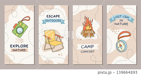 Colorful doodle camp poster bundle with cartoon graphic style background. Nature, adventure and campfire combine with map, compass, equipment and color for a fun poster collection. Colorful doodle camp poster bundle with cartoon graphic style background. Nature, adventure and campfire combine with map, compass, equipment and color for a fun poster collection. 139664893