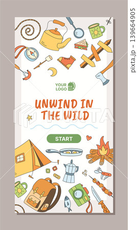 Colorful vertical camp doodle sketch with tent, backpack and campfire equipment. Adventure and hiking camp in hand style, coffee colorfull background design, perfect for outdoor theme recreation. Colorful vertical camp doodle sketch with tent, backpack and campfire equipment. Adventure and hiking camp in hand style, coffee colorfull background design, perfect for outdoor theme recreation. 139664905