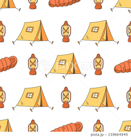 Outdoor camp doodle colorful pattern with lantern and tent seamless element. Summer adventure concept with expedition vibe, travel ideas, and bold color, perfect as background for creative trip camp 139664949