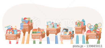 Colorful cartoon composition of support help box with hand set. Volunteer people lift a donate box as gift and goods for community. Charity donation background with warm pastel colors and friendly Colorful cartoon composition of support help box with hand set. Volunteer people lift a donate box as gift and goods for community. Charity donation background with warm pastel colors and friendly 139665011