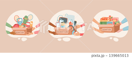 Flat charity help scene with donation box and hand in soft beige background. Community support act as people give gift goods and share love. Modern cartoon concept for humanitarian aid, ngo care 139665013