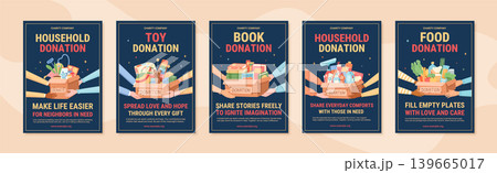 Charity donation box banner set with flat style. Each poster show donate box as gift of food, cloth, toy and book for help. Black and orange background support community message suit print or web 139665017