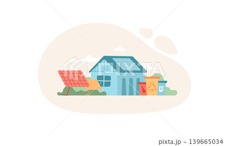 Green eco house with solar energy panels. Renewable home as small ecology scene with recycle bin and clean environment accents. Modern green energy icon in flat style for sustainable concept art Green eco house with solar energy panels. Renewable home as small ecology scene with recycle bin and clean environment accents. Modern green energy icon in flat style for sustainable concept art 139665034
