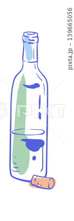Whimsical hand drawn wine bottle doodle. Cute wine glass style bottle and cork icon with soft blue and green color. Fun drink element as minimalist background for cafe menu, party invitation or Whimsical hand drawn wine bottle doodle. Cute wine glass style bottle and cork icon with soft blue and green color. Fun drink element as minimalist background for cafe menu, party invitation or 139665056