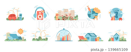 Collection of eco energy icon scenes in soft flat style. Renewable power scene shows turbine, solar panel and bicycle as symbols of sustainable lifestyle and clean transport. Green environment concept 139665109
