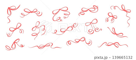 Red whimsical wedding bow doodle vector set. Cute ribbon knot collection as romantic frame and border. Coquette love ornament for valentine card and happy invite decoration, minimal holiday element Red whimsical wedding bow doodle vector set. Cute ribbon knot collection as romantic frame and border. Coquette love ornament for valentine card and happy invite decoration, minimal holiday element 139665132