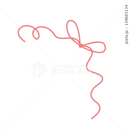 Romantic coquette hand drawn bow line. Cute red ribbon doodle as whimsical corner frame. Girly wavy element for valentine card and wedding invitation, simple retro border decor and trendy graphic 139665134