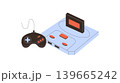 Flat retro y2k video game console patch with classic joystick and gamepad in blue and orange. This 90s controller videogame card design captures nostalgic entertainment vintage arcade fun. 139665242