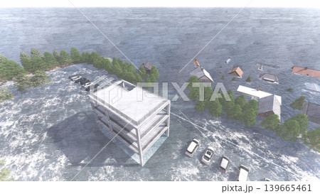 津波・水害時の高台避難訓練と避難タワーの3DCGイメージ 浸水 人無し 津波・水害時の高台避難訓練と避難タワーの3DCGイメージ 浸水 人無し 139665461