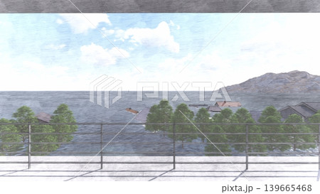 津波・水害時の高台避難訓練と避難タワーの3DCGイメージ 浸水 人無し 津波・水害時の高台避難訓練と避難タワーの3DCGイメージ 浸水 人無し 139665468