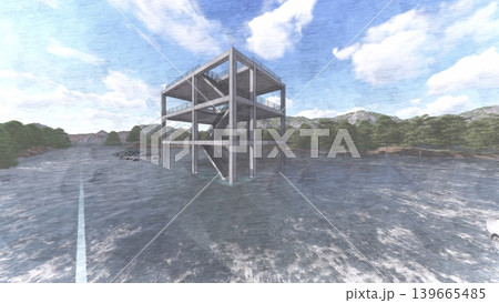 津波・水害時の高台避難訓練と避難タワーの3DCGイメージ　浸水 人無し 139665485