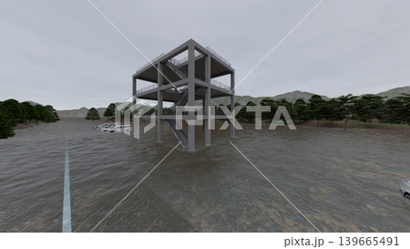 津波・水害時の高台避難訓練と避難タワーの3DCGイメージ 浸水 人無し 津波・水害時の高台避難訓練と避難タワーの3DCGイメージ 浸水 人無し 139665491