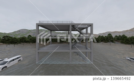 津波・水害時の高台避難訓練と避難タワーの3DCGイメージ　浸水 人無し 139665492