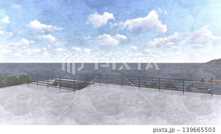 津波・水害時の高台避難訓練と避難タワーの3DCGイメージ 浸水 人無し 津波・水害時の高台避難訓練と避難タワーの3DCGイメージ 浸水 人無し 139665503