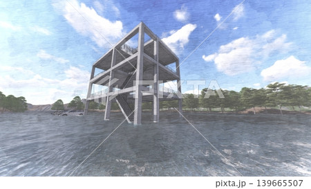 津波・水害時の高台避難訓練と避難タワーの3DCGイメージ 浸水 人無し 津波・水害時の高台避難訓練と避難タワーの3DCGイメージ 浸水 人無し 139665507