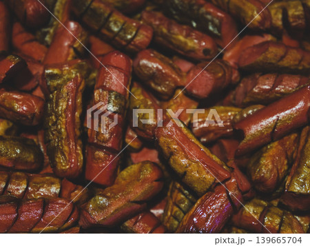 delicious fried sausages at hotel buffet delicious fried sausages at hotel buffet 139665704