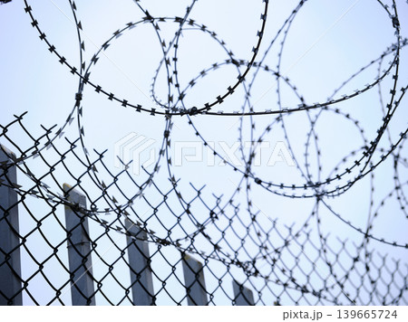 barbed wire in a prison wall barbed wire in a prison wall 139665724