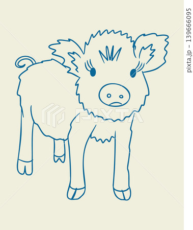 Illustration of a cute cartoon calf with large eyes and curly tail, standing on a light beige background, showcasing a playful and whimsical design style Illustration of a cute cartoon calf with large eyes and curly tail, standing on a light beige background, showcasing a playful and whimsical design style 139666095