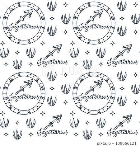 Sagittarius zodiac sign pattern featuring arrows, stars, and leaves in a seamless design suitable for textiles, wallpapers, or astrological-themed projects 139666121