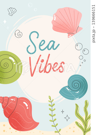 Ocean inspired greeting layout with marine shells and calm coastal composition Ocean inspired greeting layout with marine shells and calm coastal composition 139666151