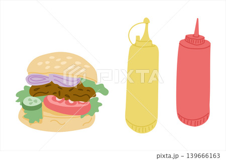 Illustrated burger featuring lettuce, tomato, onion, and pickles next to yellow and red condiment bottles on a clean white background Illustrated burger featuring lettuce, tomato, onion, and pickles next to yellow and red condiment bottles on a clean white background 139666163