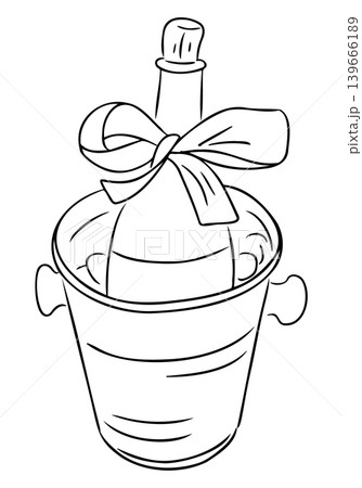 Champagne bottle in an ice bucket with a decorative bow, illustrated in a simple line art style, suitable for celebration and event-themed designs Champagne bottle in an ice bucket with a decorative bow, illustrated in a simple line art style, suitable for celebration and event-themed designs 139666189