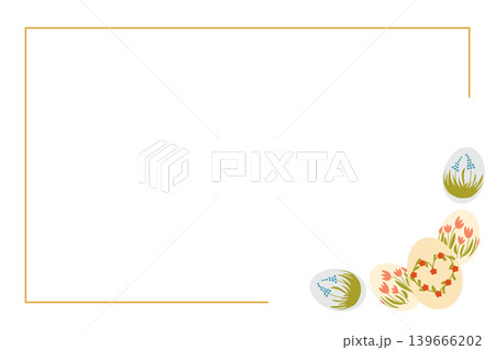 Decorative Easter egg illustration featuring colorful eggs with floral designs and a blank white space for text, bordered by a thin golden frame 139666202