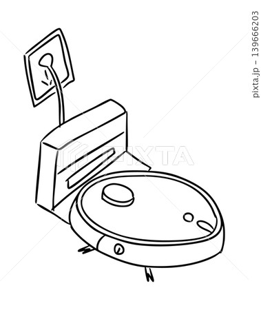 Illustration of a robotic vacuum cleaner docked at its charging station with a power cord plugged into the wall outlet, showcasing a modern home cleaning device 139666203