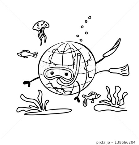 Cartoon illustration of Earth wearing snorkeling gear, surrounded by fish, jellyfish, and underwater plants, depicting a playful ocean exploration theme 139666204