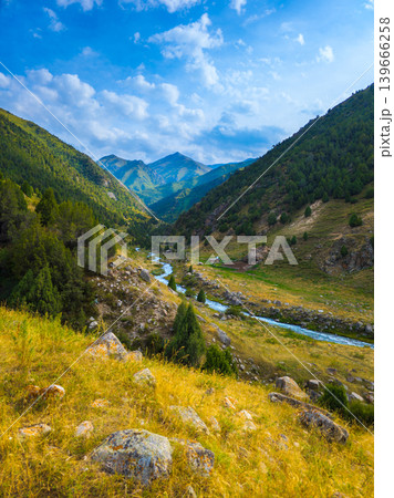 Serene Mountain Valley with Winding River and Lush Green Slopes 139666258