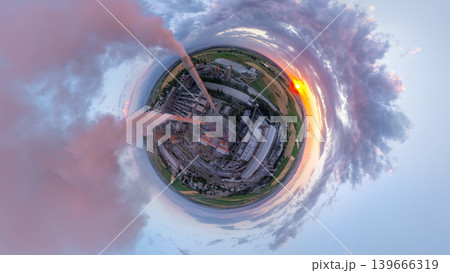 Aerial little planet view of cement plant industrial complex with sunset and smoke 139666319