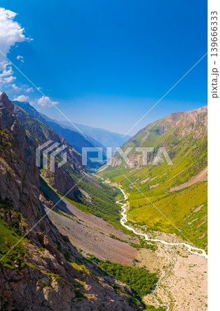 Aerial view of mountain valley with winding river Aerial view of mountain valley with winding river 139666333
