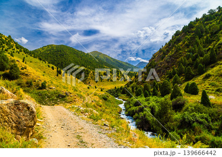 Scenic Mountain Valley with Winding Dirt Path and Stream in Kyrgyzstan Scenic Mountain Valley with Winding Dirt Path and Stream in Kyrgyzstan 139666442