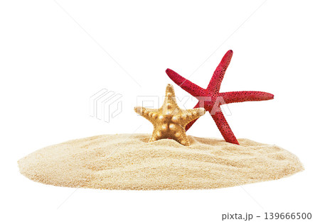 Starfish on Sand Isolated on White Background. Minimal composition of starfish on sand isolated on white background with copy space. Starfish on Sand Isolated on White Background. Minimal composition of starfish on sand isolated on white background with copy space. 139666500