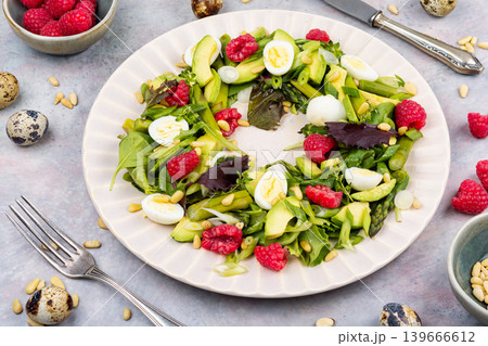 Spring Salad with Avocado, Asparagus, Quail Eggs and Pine Nuts Spring Salad with Avocado, Asparagus, Quail Eggs and Pine Nuts 139666612