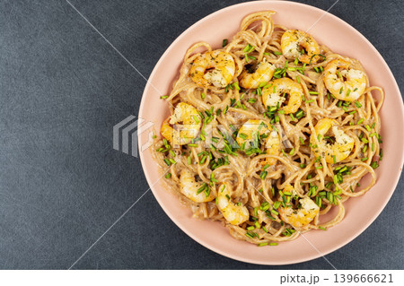 Delicious pasta with shrimp in creamy carbonara style sauce 139666621