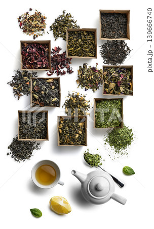 Large assortment of tea on a white background. The view from the top Large assortment of tea on a white background. The view from the top 139666740