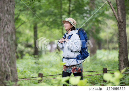 新緑の森でハイキングや登山を楽しむ景色を眺める歩く女性の健康的なアウトドアのライフスタイル	 139666823