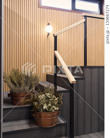Urban interior featuring cozy corner with vintage light and plants Urban interior featuring cozy corner with vintage light and plants 139667274