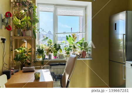 Lush Plants Enhance Office Ambiance. Stylish Urban Apartment With Green Decor And Functional Furnishings 139667281