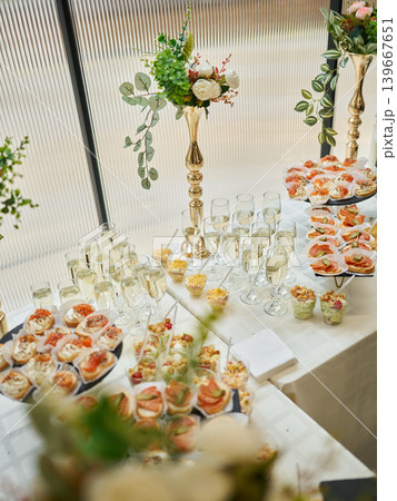 Elegant event display. Sophisticated setup with drinks and decor Elegant event display. Sophisticated setup with drinks and decor 139667651