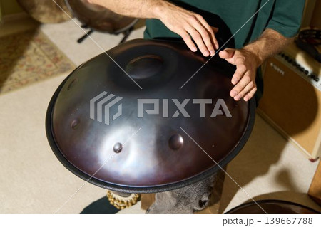Recording delicate handpan tones with studio equipment setup Recording delicate handpan tones with studio equipment setup 139667788